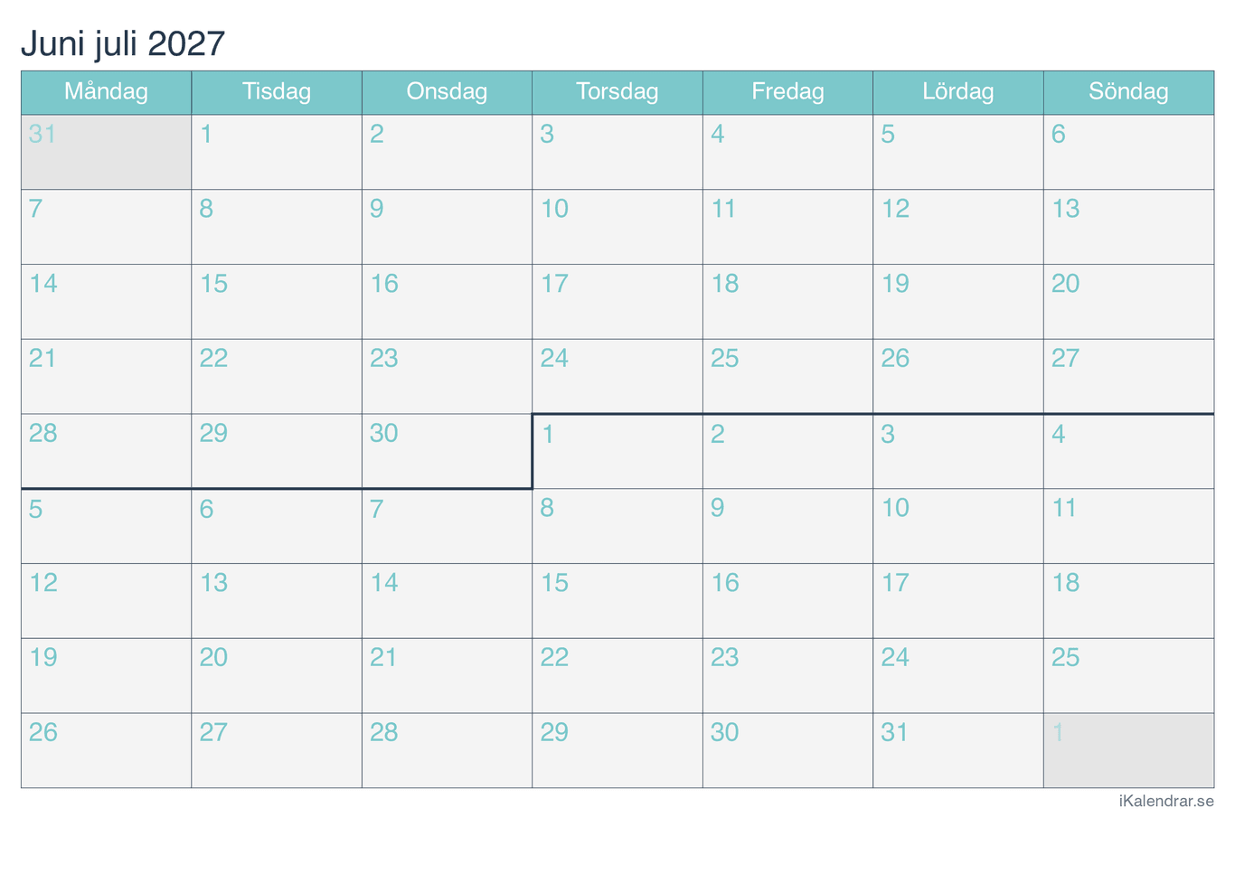 Månadskalender juni juni 2027 - Turkis