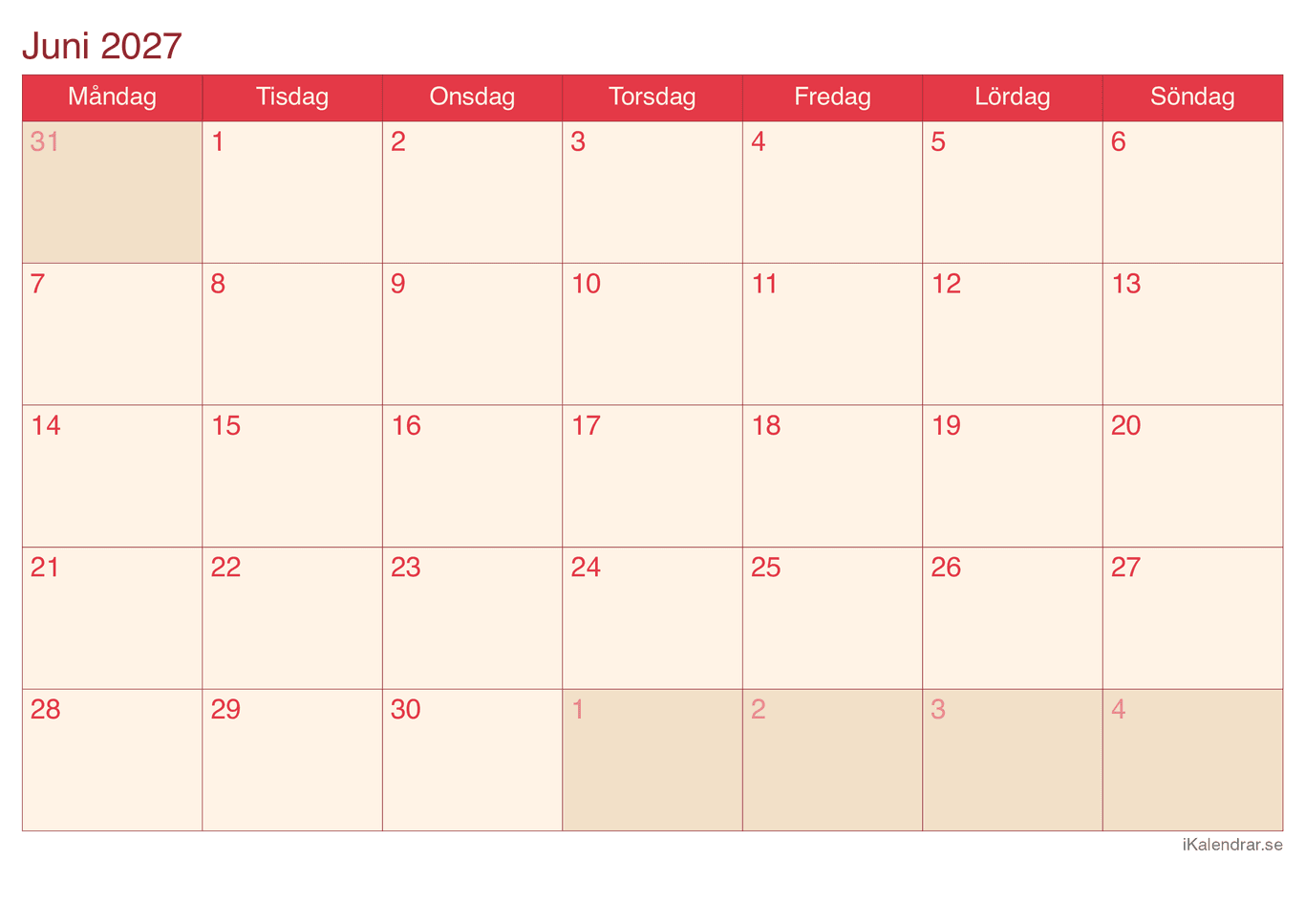 Månadskalender juni 2027 - Cherry