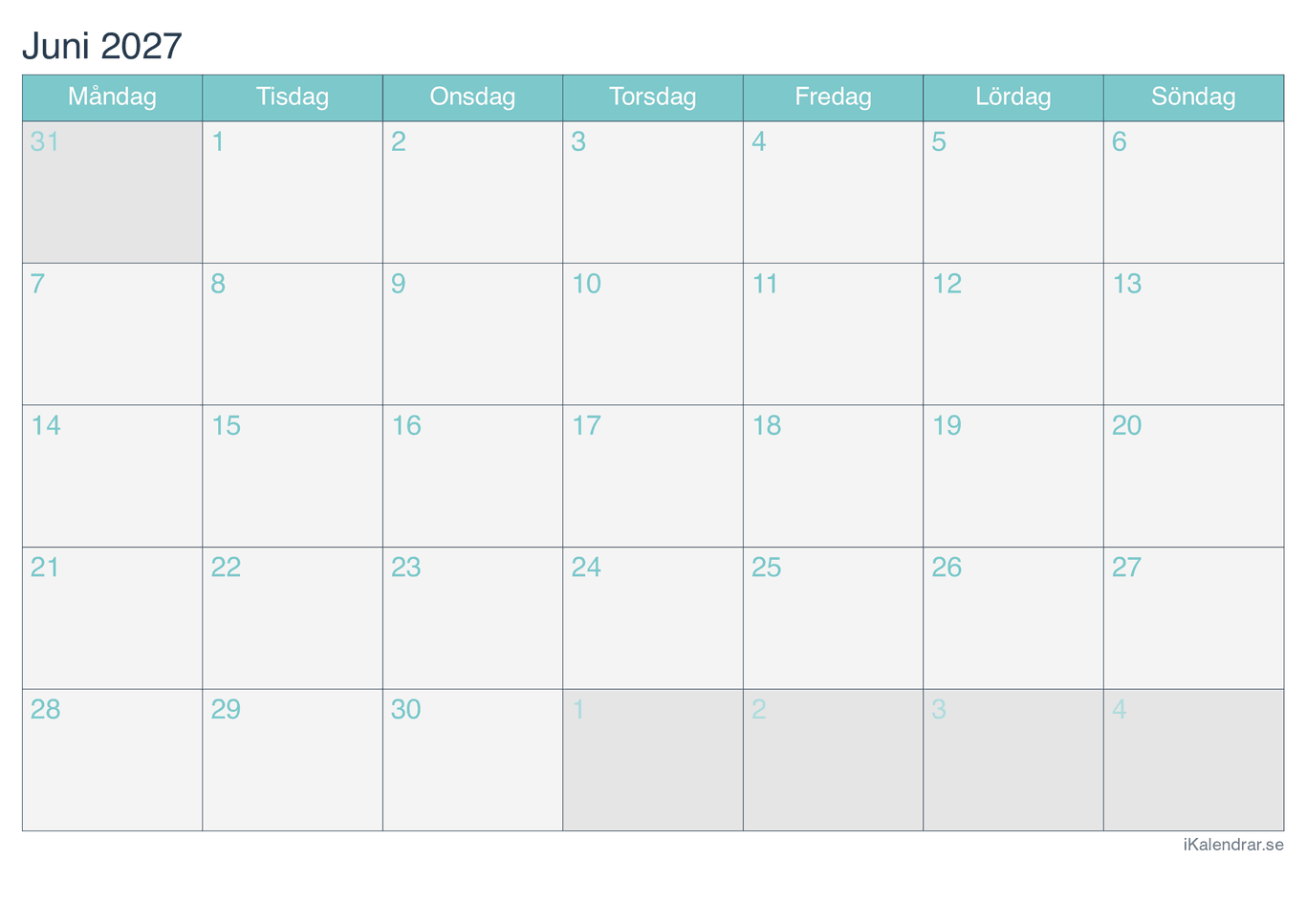 Månadskalender juni 2027 - Turkis
