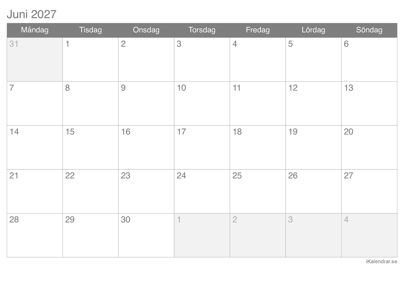 Månadskalender juni 2027