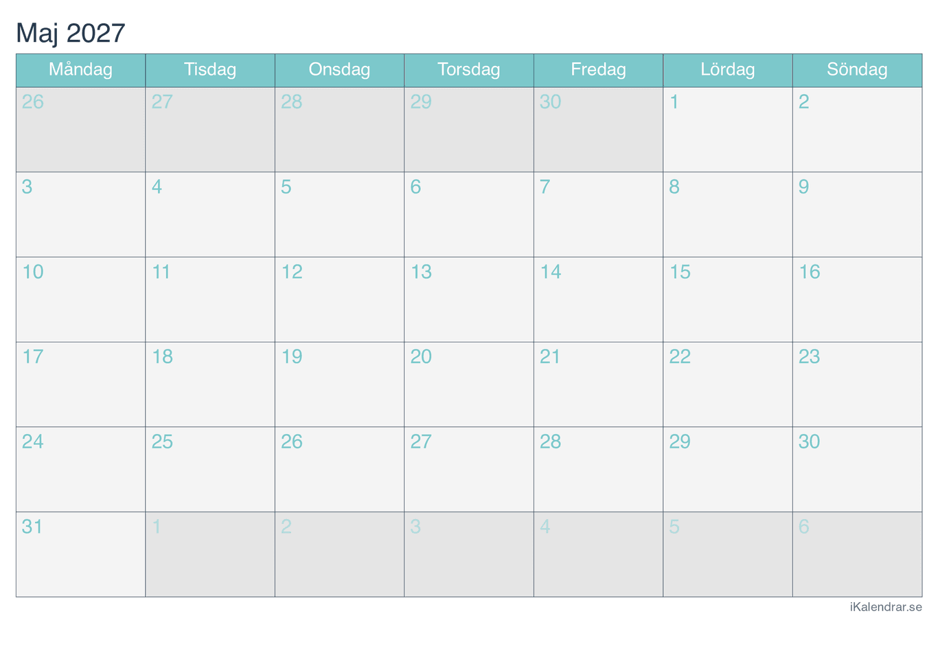 Månadskalender maj 2027 - Turkis
