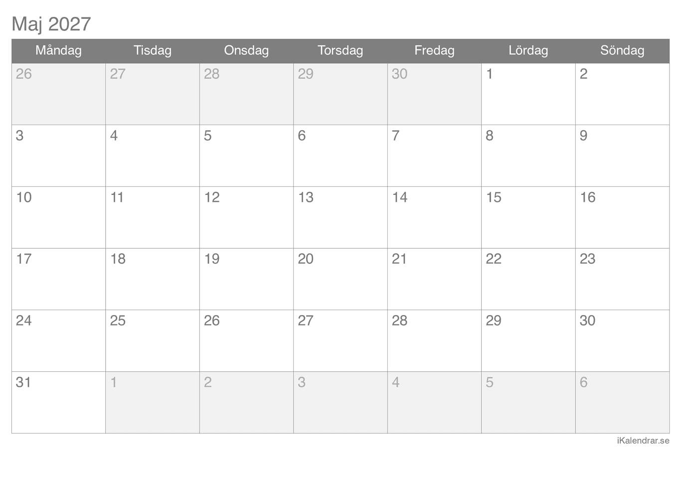 Månadskalender maj 2027