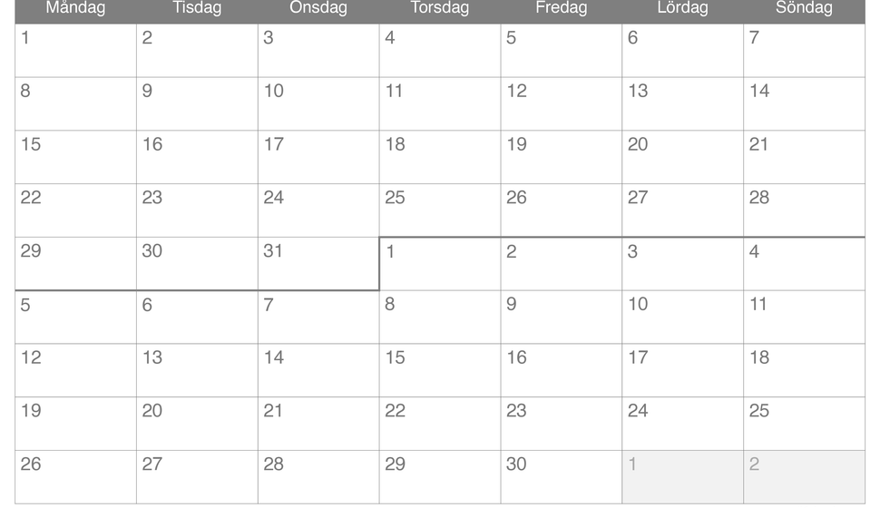 Månadskalender mars april 2027