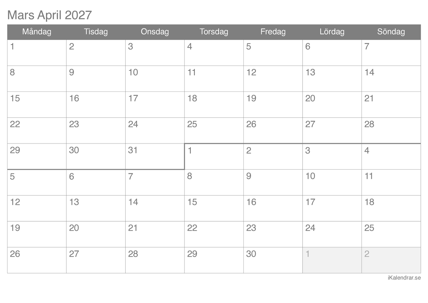 Månadskalender mars april 2027