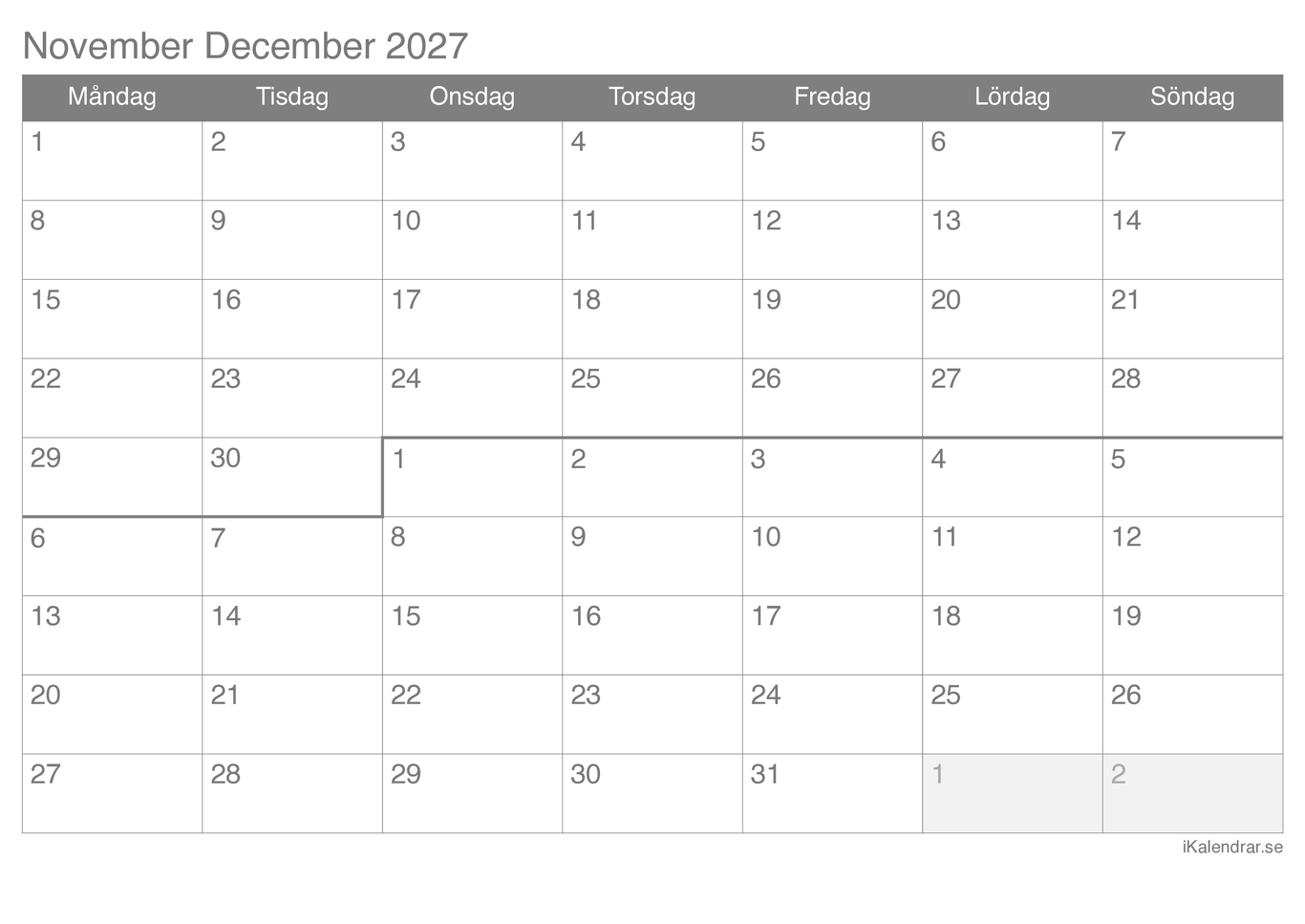Månadskalender november december 2027