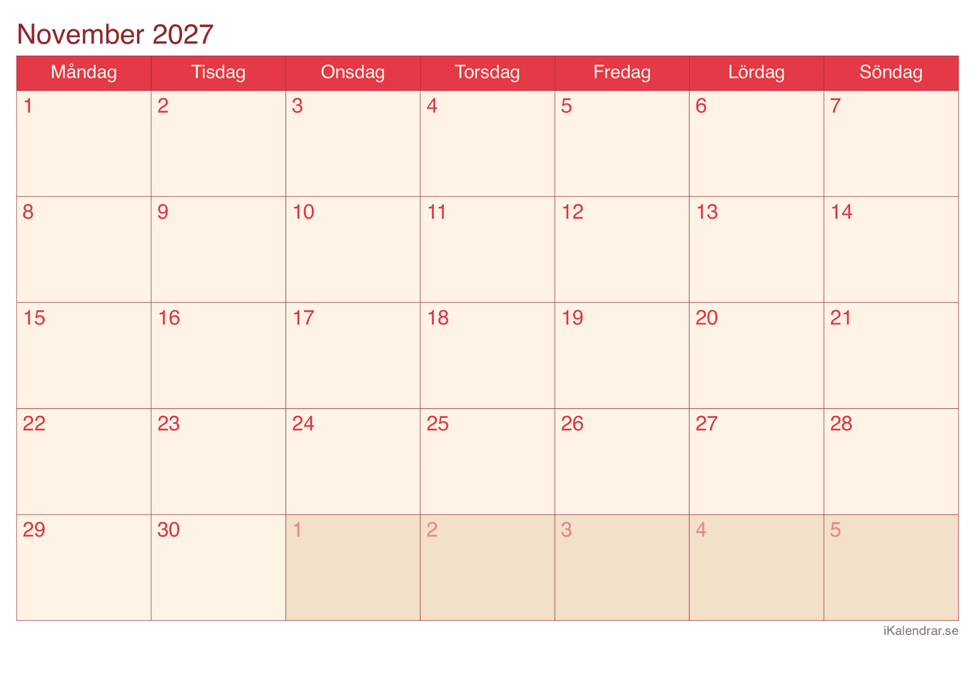 Månadskalender november 2027 - Cherry