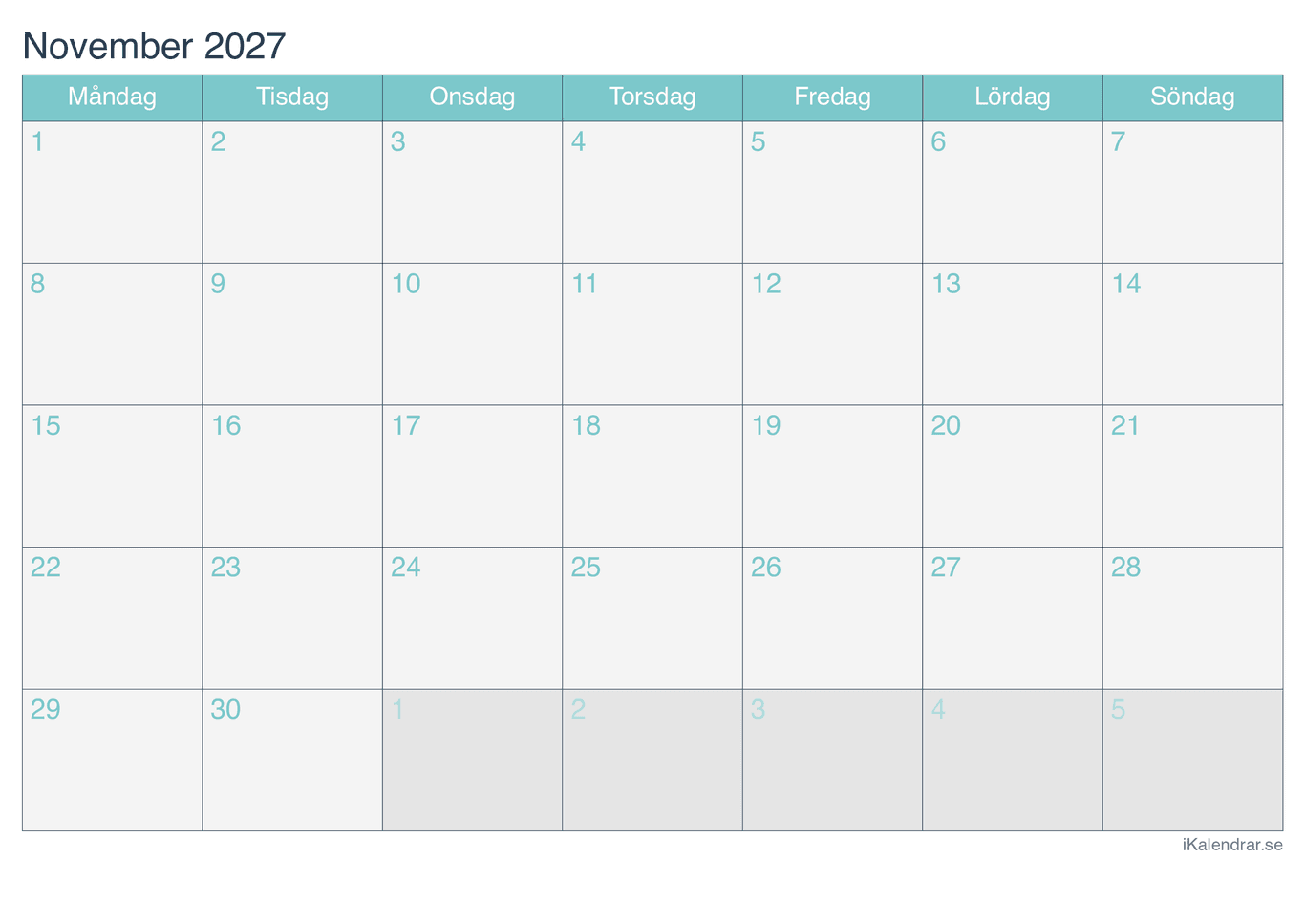 Månadskalender november 2027 - Turkis
