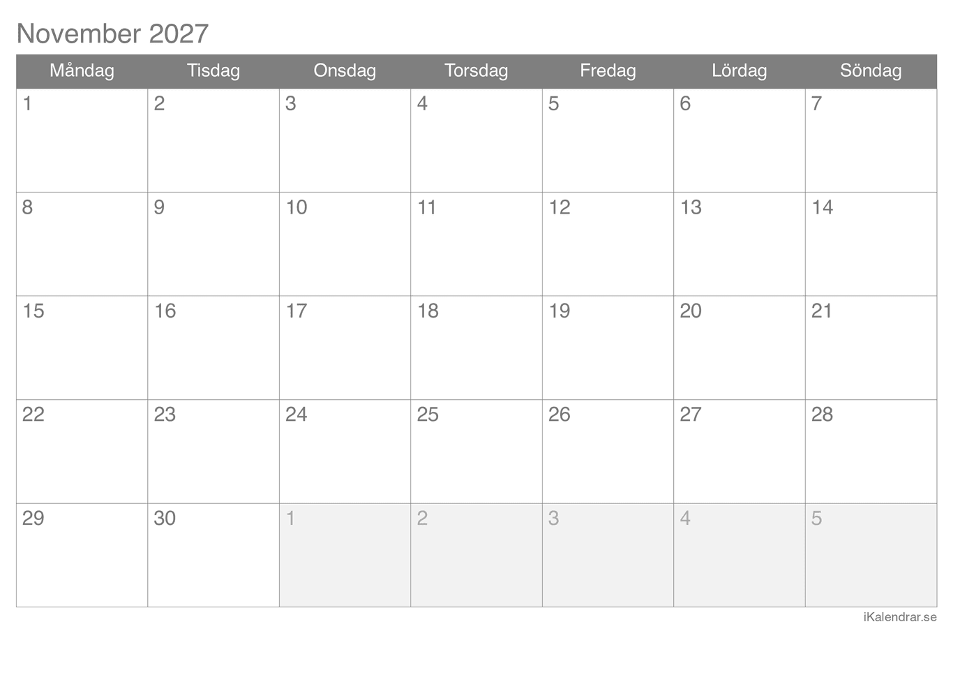 Månadskalender november 2027