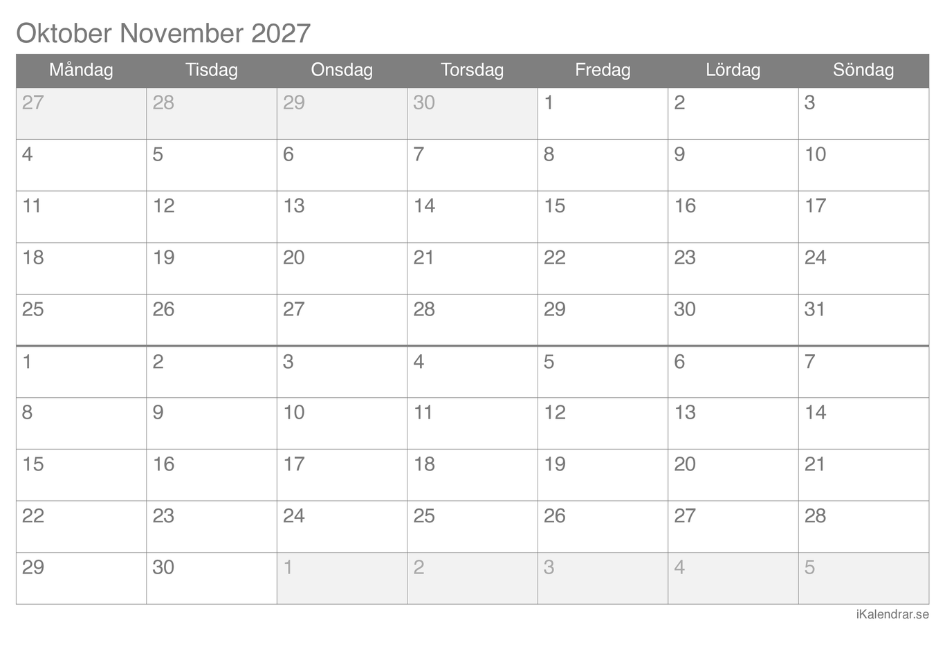 Månadskalender oktober november 2027