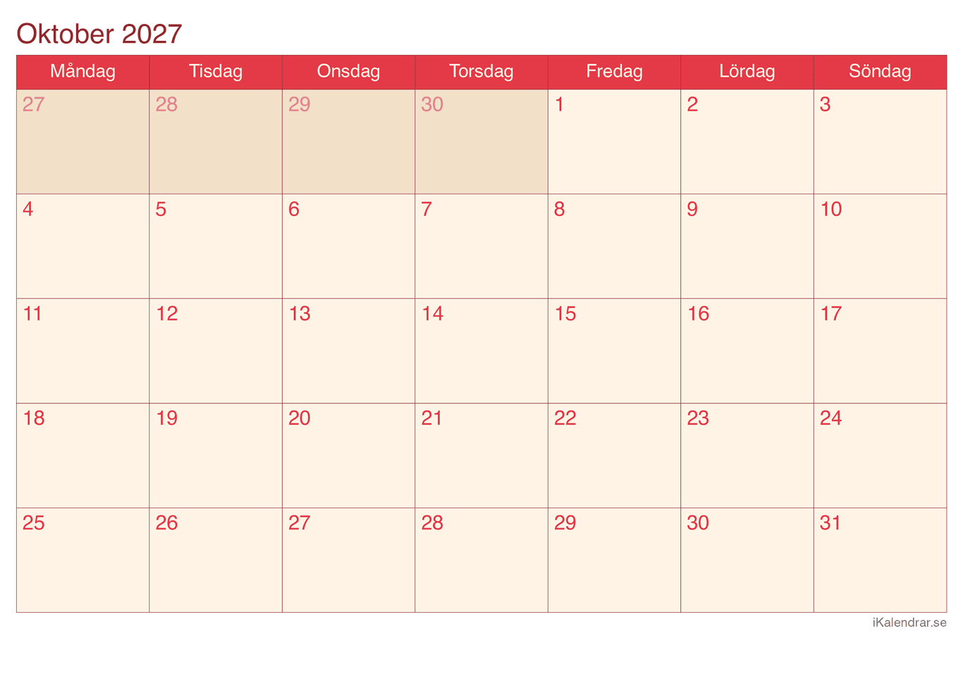 Månadskalender oktober 2027 - Cherry