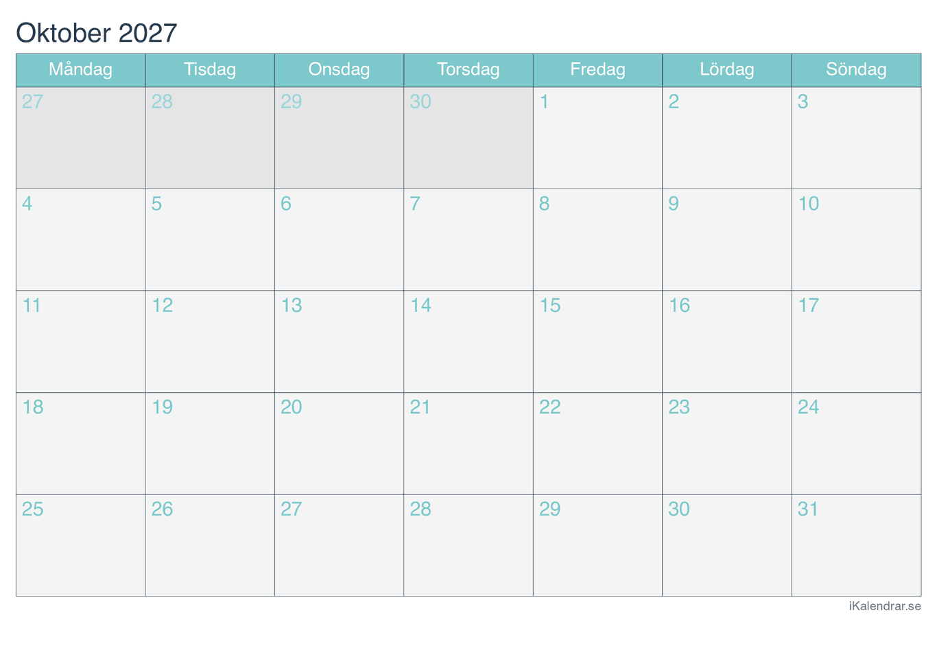 Månadskalender oktober 2027 - Turkis