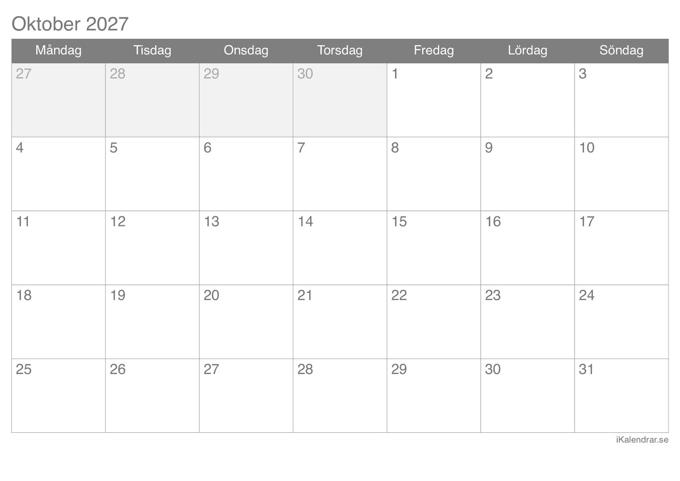Månadskalender oktober 2027