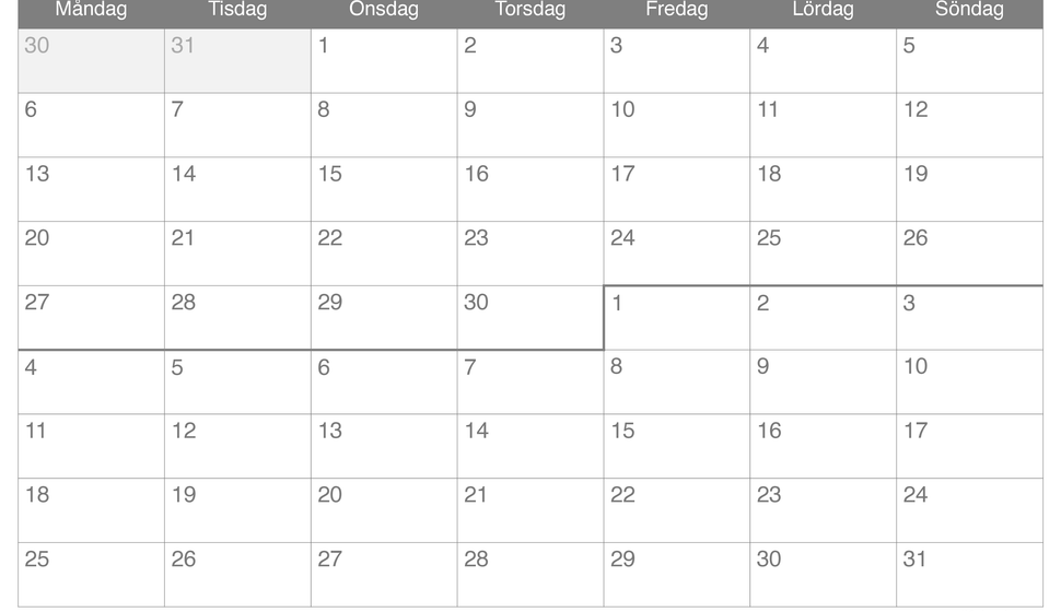Månadskalender september oktober 2027