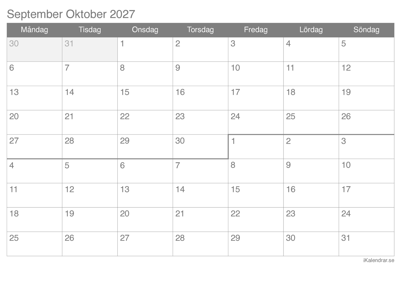 Månadskalender september oktober 2027