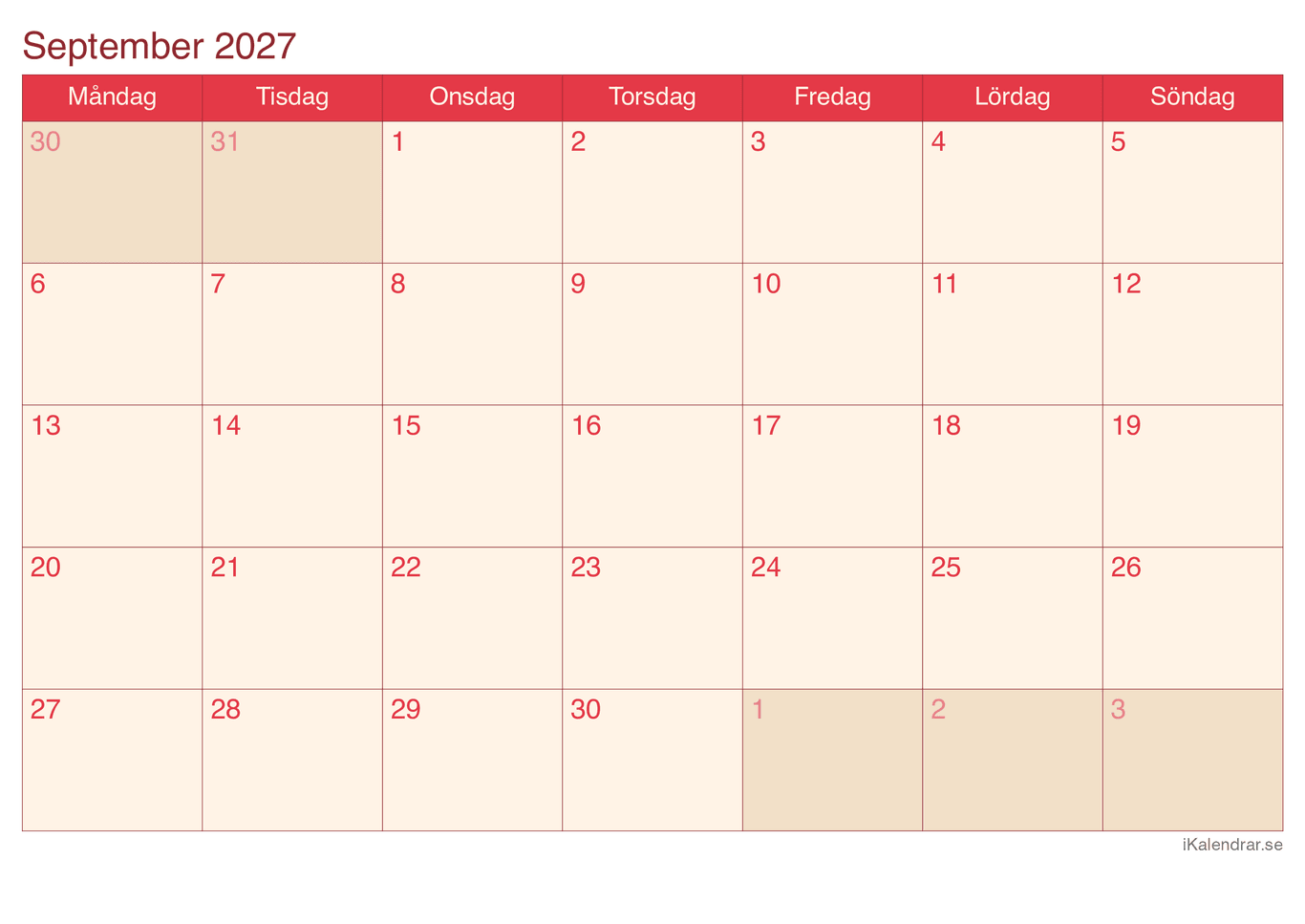 Månadskalender september 2027 - Cherry