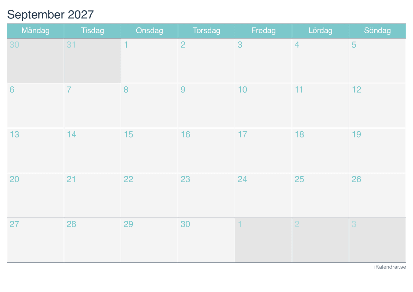 Månadskalender september 2027 - Turkis