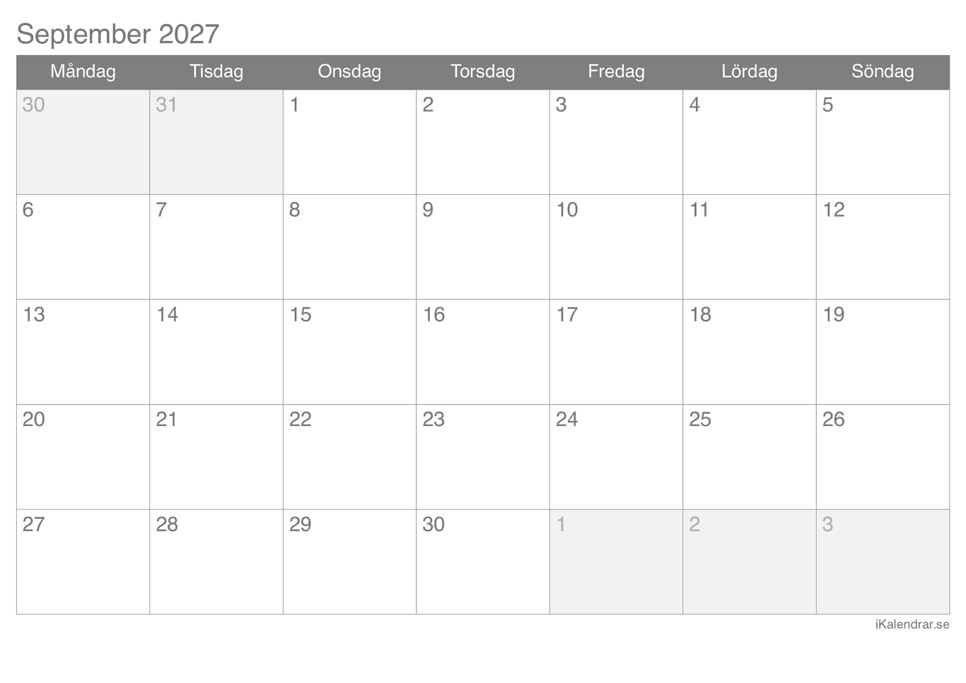 Månadskalender september 2027